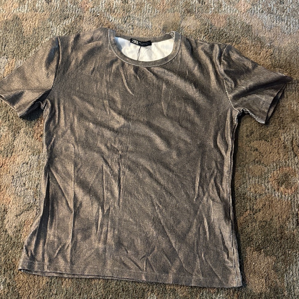 Zara Metallic Silver Short Sleeve Tee